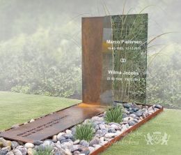 Grafmonument van glas en cortenstaal