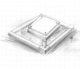 Schets urnmonument met glas