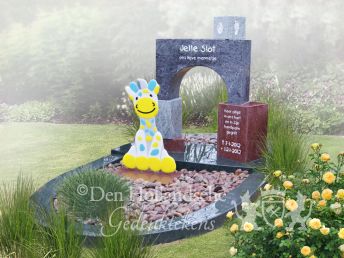 Kort kindermonument met speelblokken en giraf