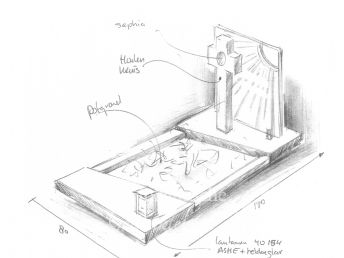 Schets gedenkmonument met houten kruis en glasplaat