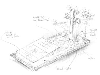 Schets grafmonument met houten kruis en een glasplaat
