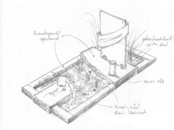 Schets met een grafmonument van glas en roestvast staal