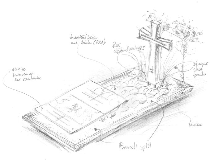 Schets grafmonument met houten kruis en een glasplaat foto 1